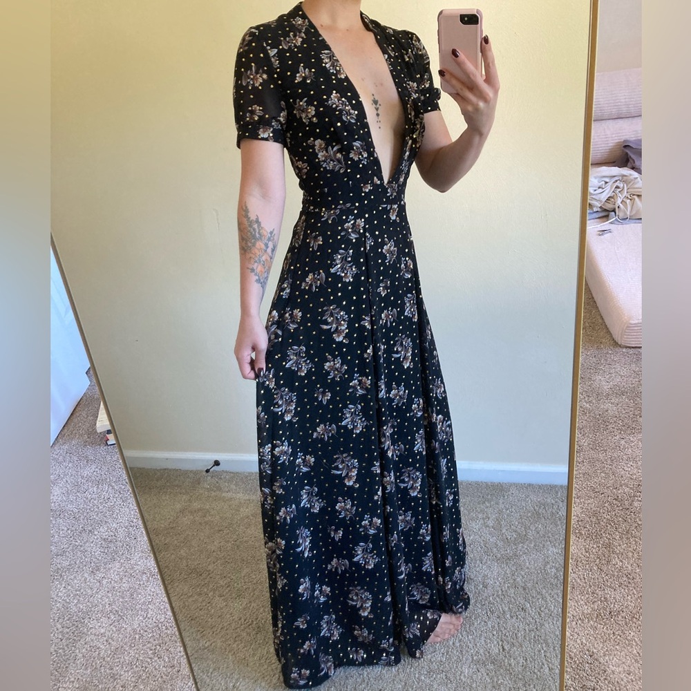 Black floral maxi formal dress, extra deep v neck